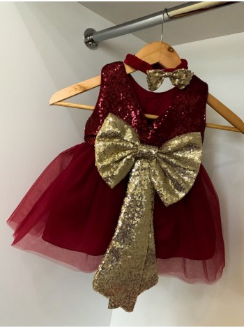 Нарядное бордовое платье на девочку с повязкой